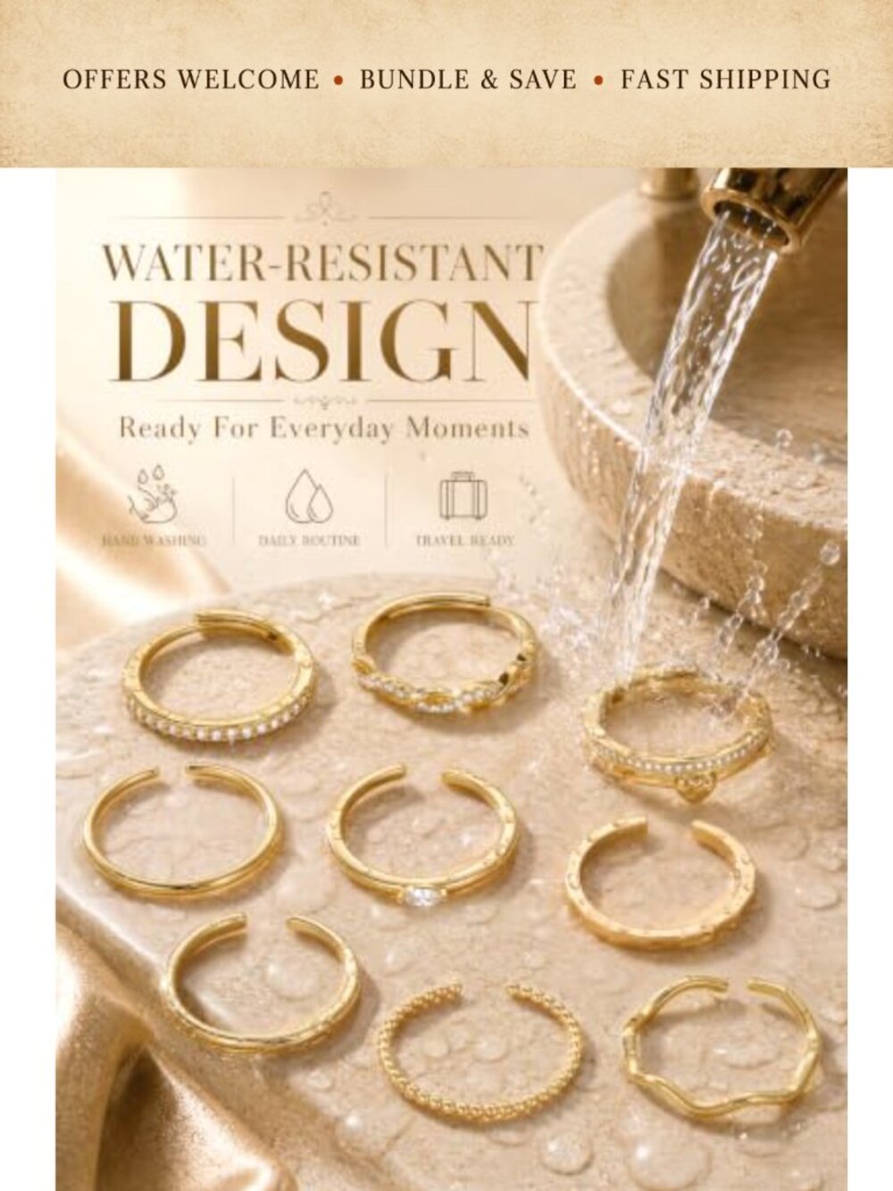 9Pc Stackable Rings Set Adjustable 14K Gold Plated CZ - Picture 3 of 6